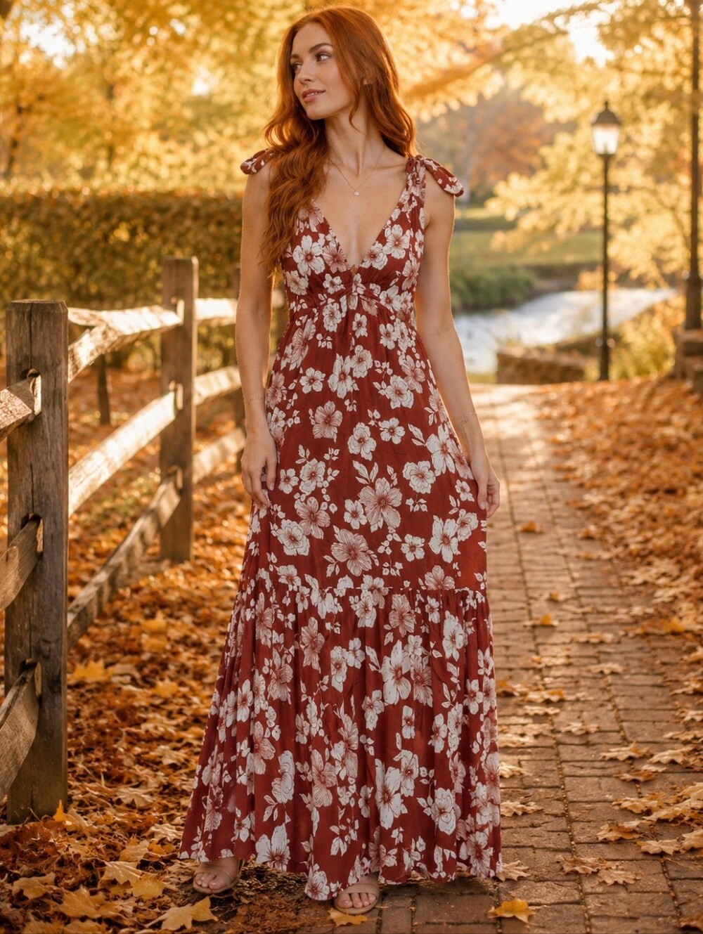 Abercrombie & Fitch Red Brick Brown Floral Tie Maxi Dress Small S Fall Winter